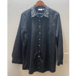 Quaker Factory Women's Large Denim Embellished Collar Button Up Shirt Top